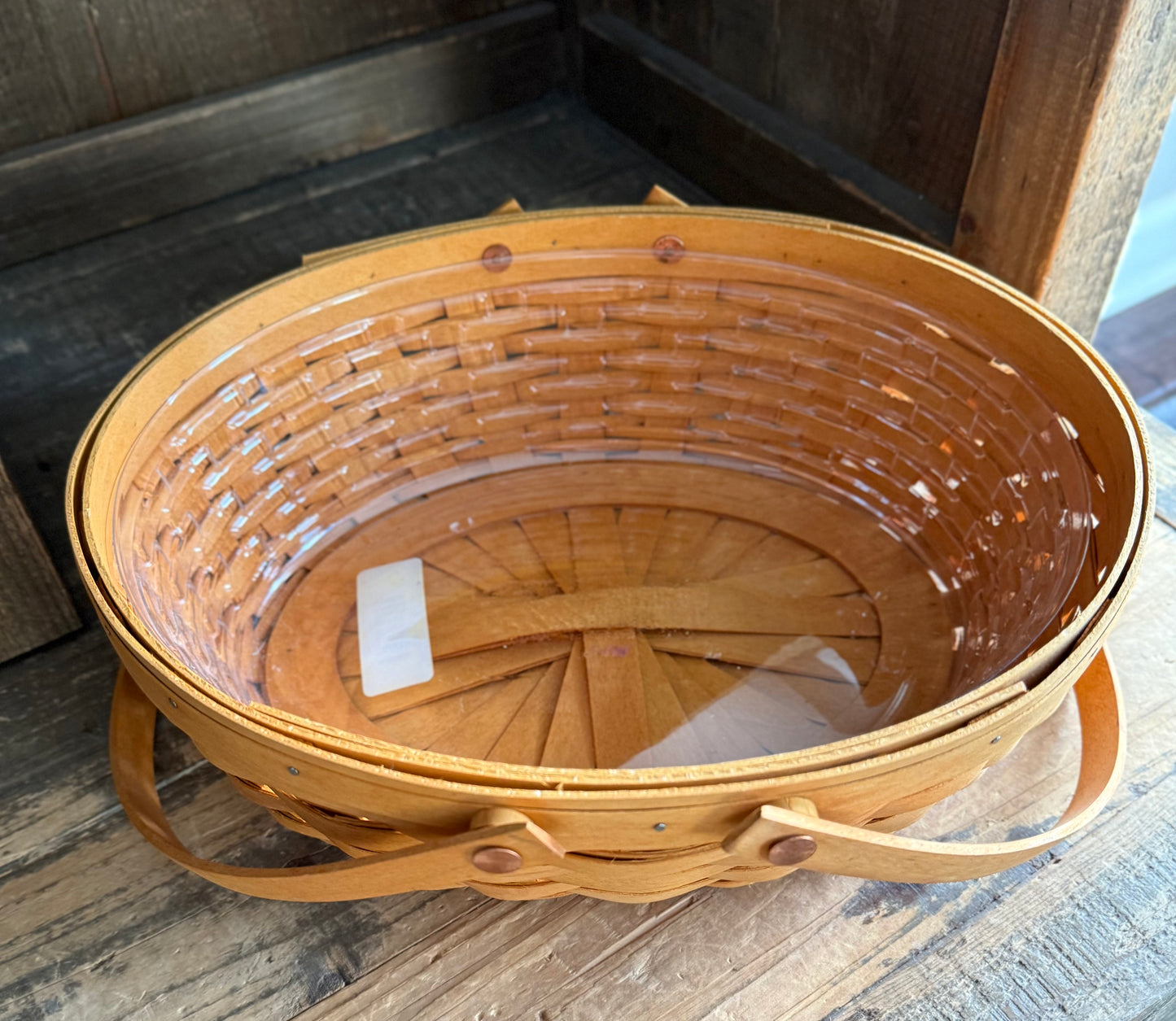 Longaberger 2002 Classic Large Easter Basket with Jelly Bean Patterned Liner and Plastic Basket Protetor Insert