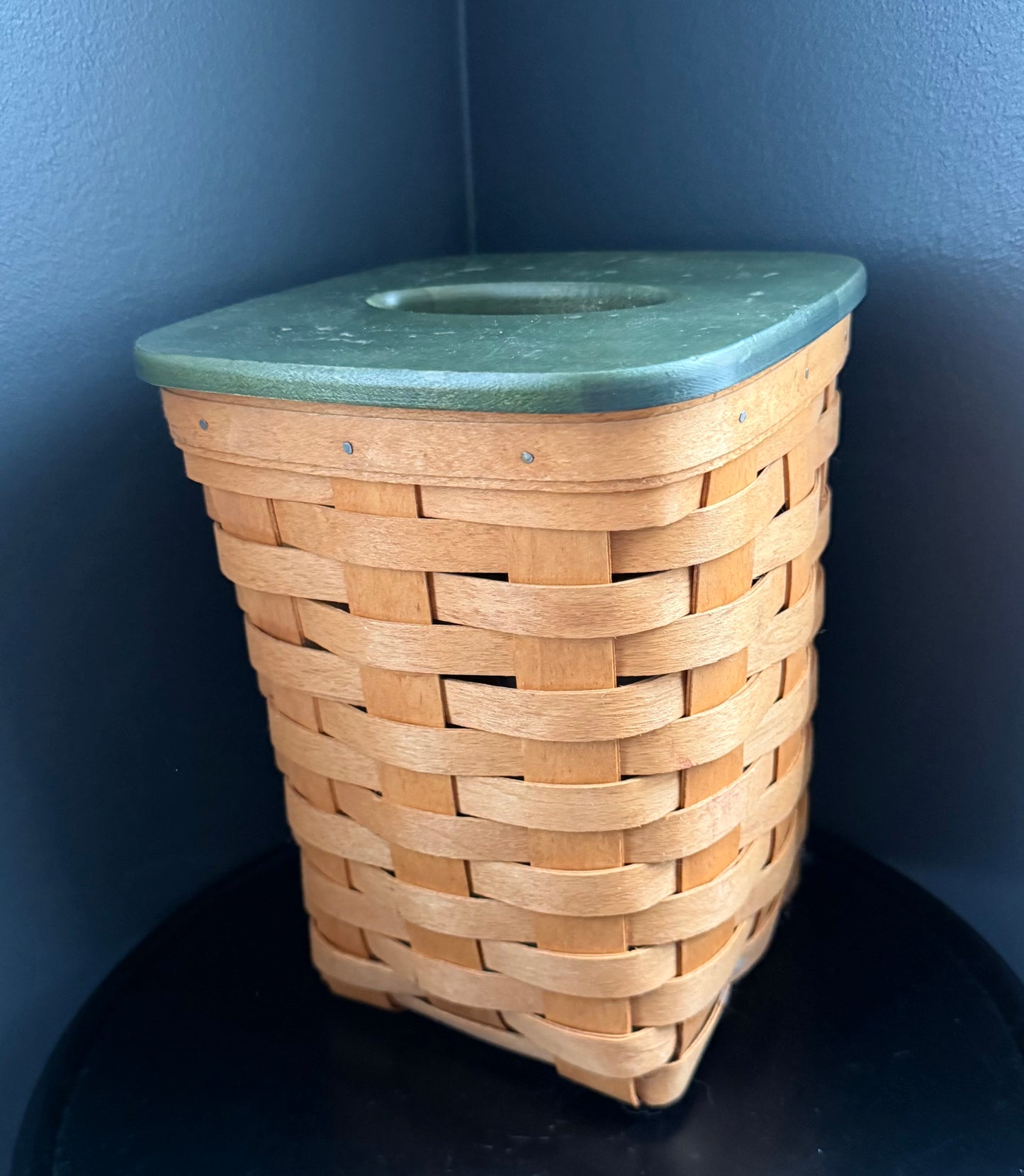 Longaberger 1994 Tall Tissue Basket with Green Wooden Lid and Insert