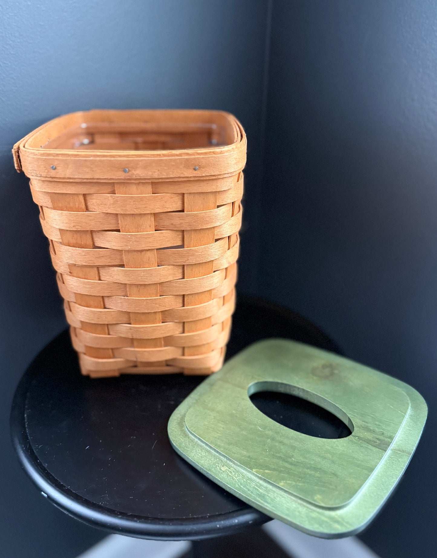 Longaberger 1994 Tall Tissue Basket with Green Wooden Lid and Insert