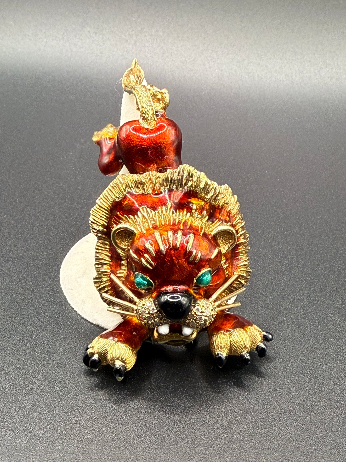 MARTINE 14K Gold, Diamond and Enamel Pouncing Lion Brooch/Pendant