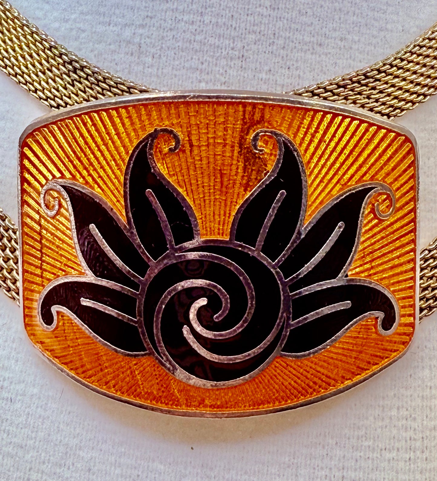 Art Deco 1920s Tangerine and Black Enamel Guilloce Double Strand Mesh Choker - Signed SANDOR CO
