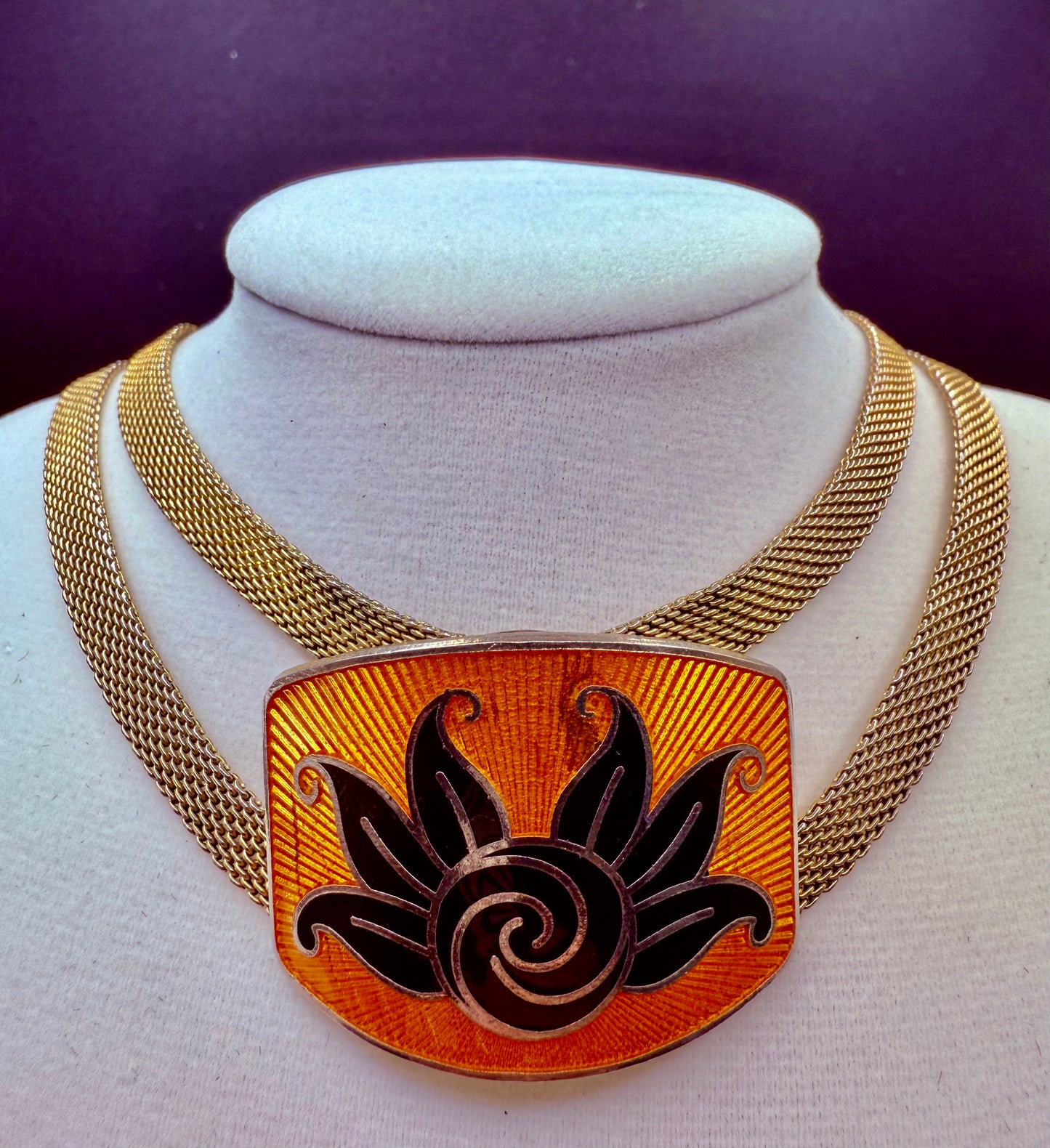 Art Deco 1920s Tangerine and Black Enamel Guilloce Double Strand Mesh Choker - Signed SANDOR CO