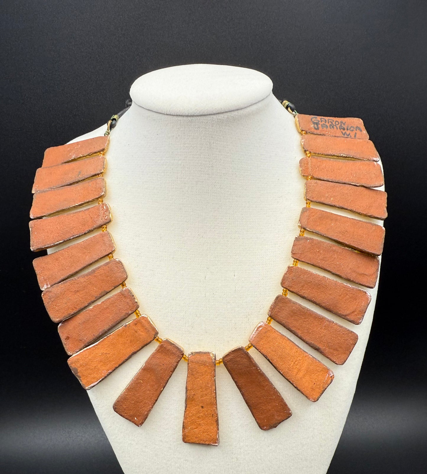1960s GARON JAMAICA W1 Signed Terra Cotta-Red Clay,Yellow and Gold Glazed Handmade Choker Necklace
