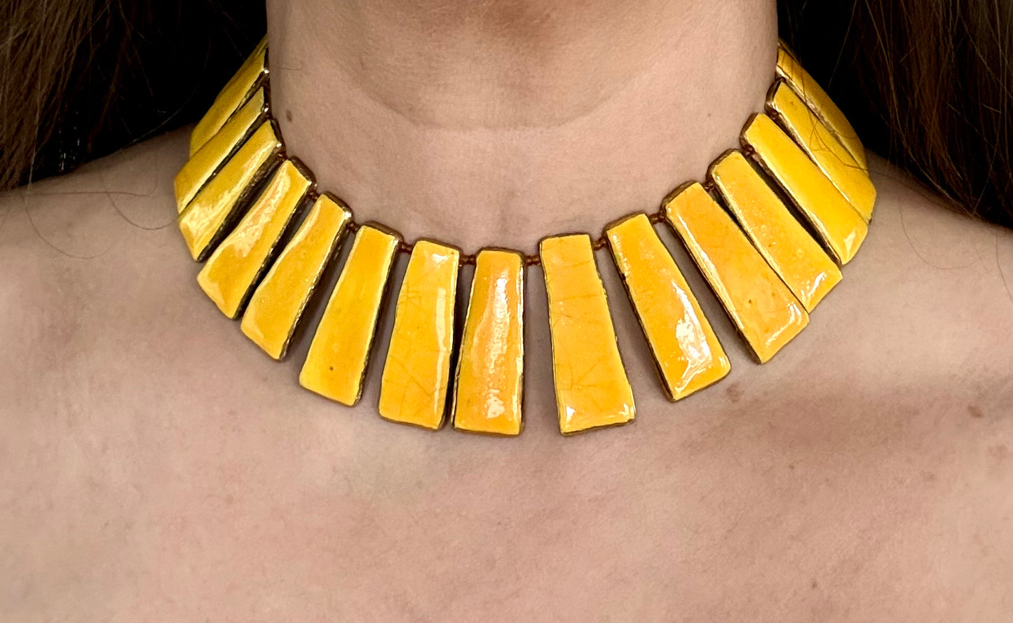 1960s GARON JAMAICA W1 Signed Terra Cotta-Red Clay,Yellow and Gold Glazed Handmade Choker Necklace