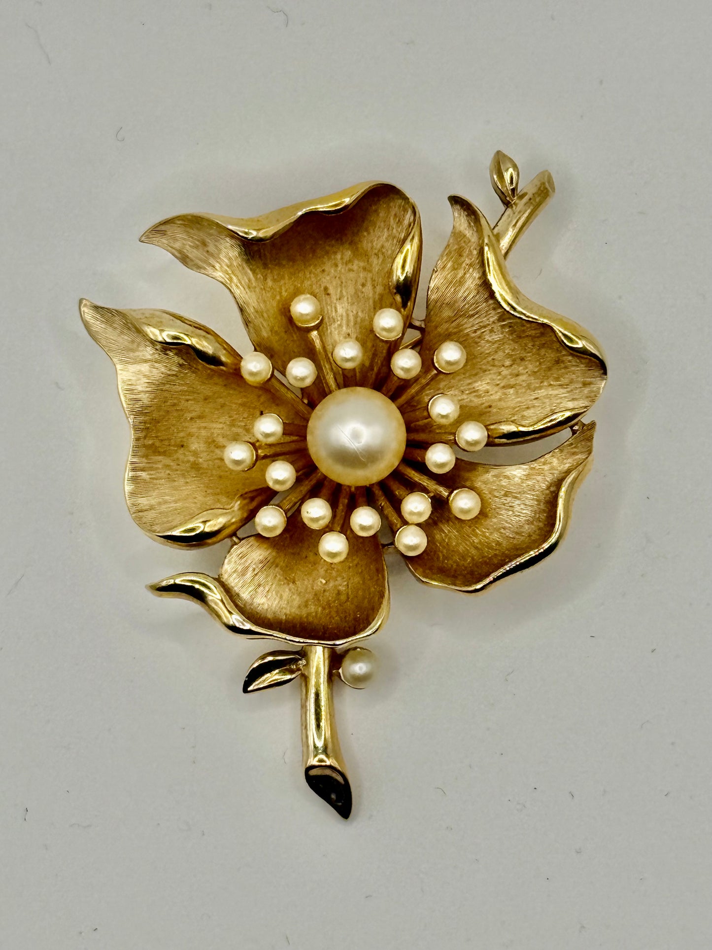 Vintage Crown Trifari Faux Pearl Flower Brooch