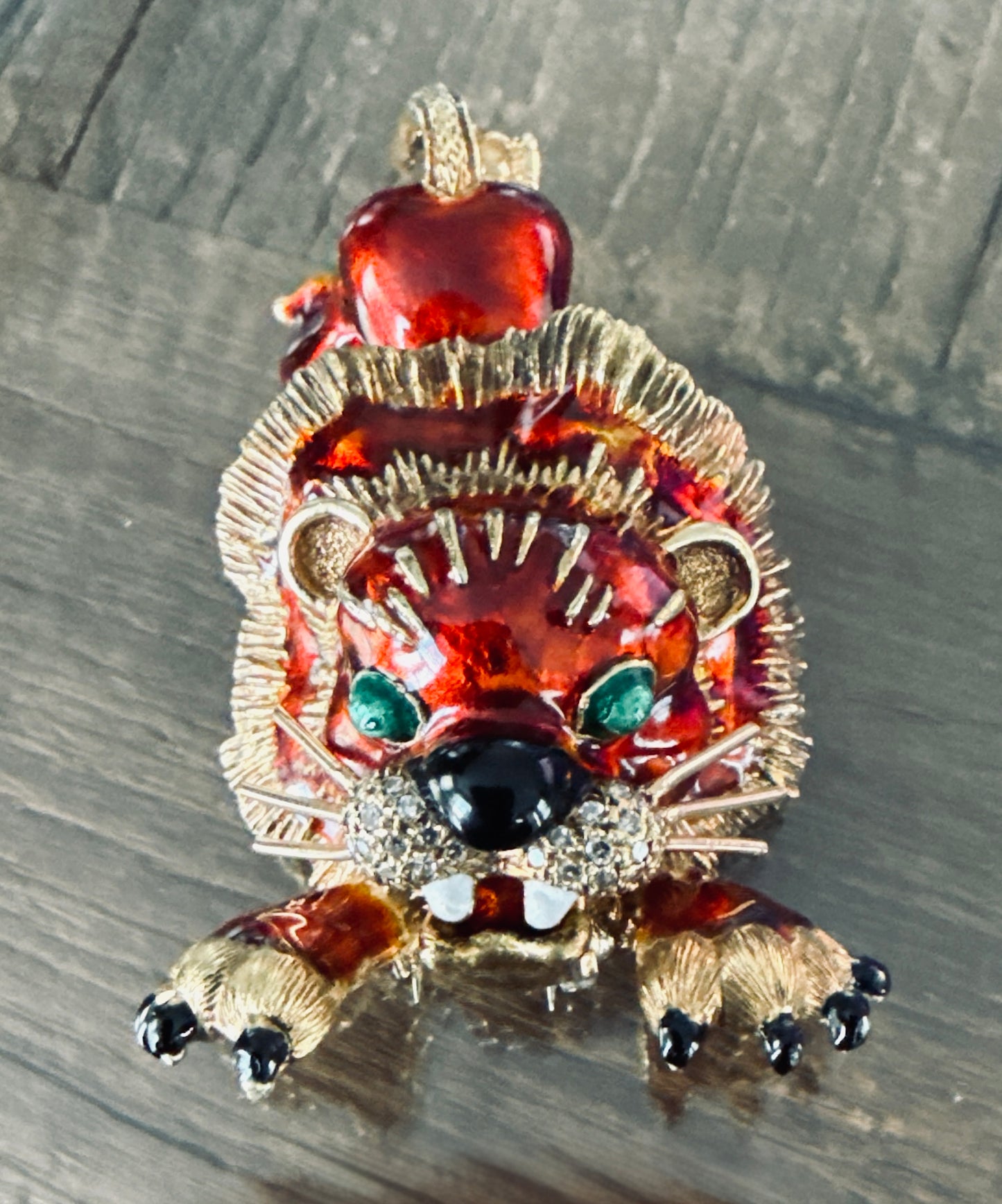 MARTINE 14K Gold, Diamond and Enamel Pouncing Lion Brooch/Pendant