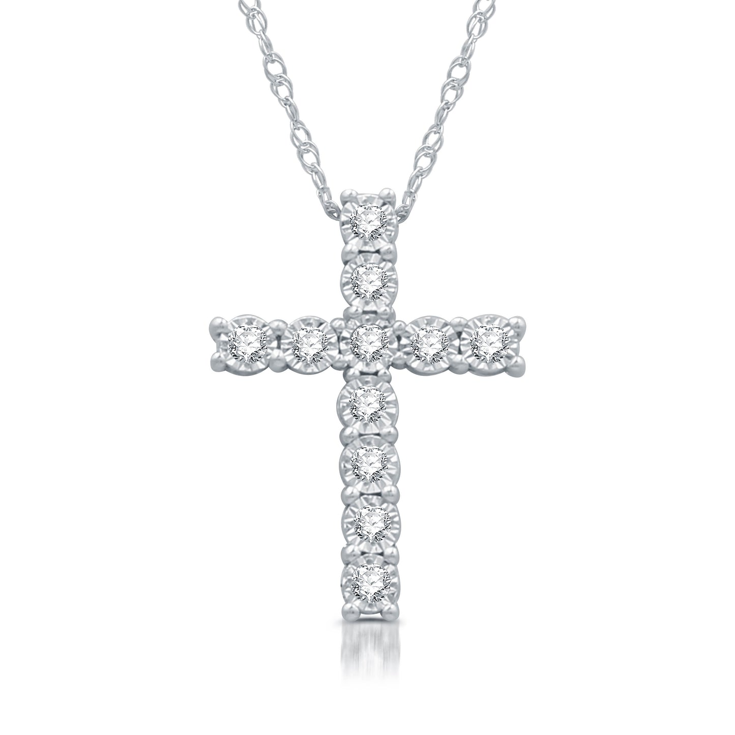 1/10 Cttw Diamond .925 Sterling Silver & Miracle Plate Cross Pendant-18" Chain Necklace