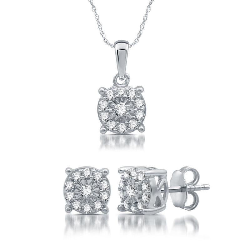 1/2 Cttw Diamond Pendant & Earrings Silver Set