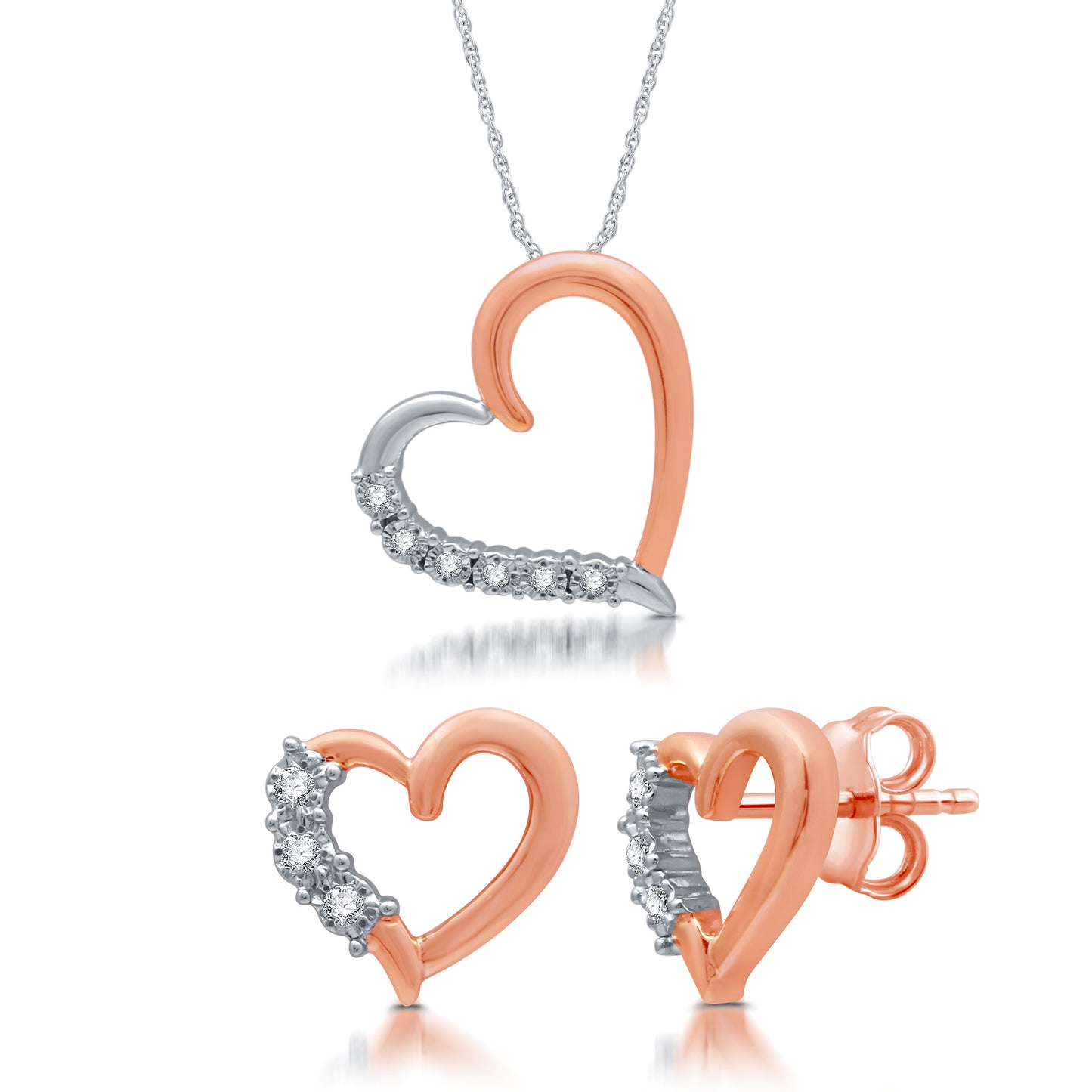 14K Rose Gold Plated Sterling Silver Diamond Earring & Pendant Heart-Shaped Set