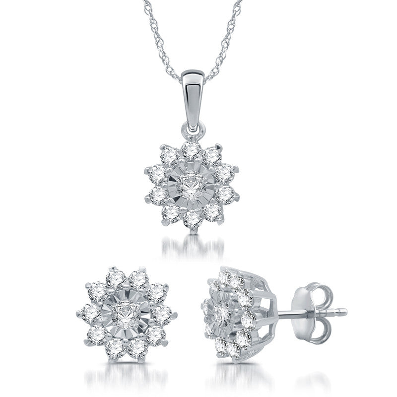 1 Cttw Diamond Flower-Shaped Pendant & Earrings Set in Silver