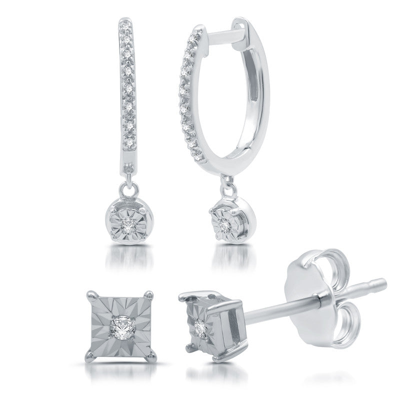 1/10 Cttw Diamond Hoops & Studs Set of 2 Silver Earrings