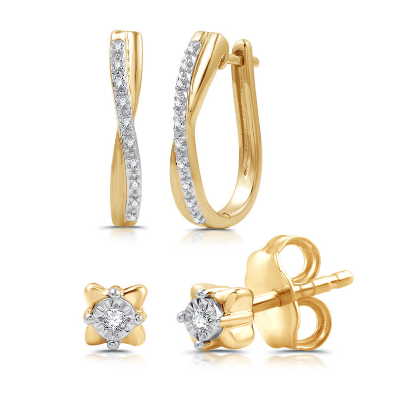 1/10 Cttw Diamond Hoops & Studs Set of 2 Gold plated Silver Earrings