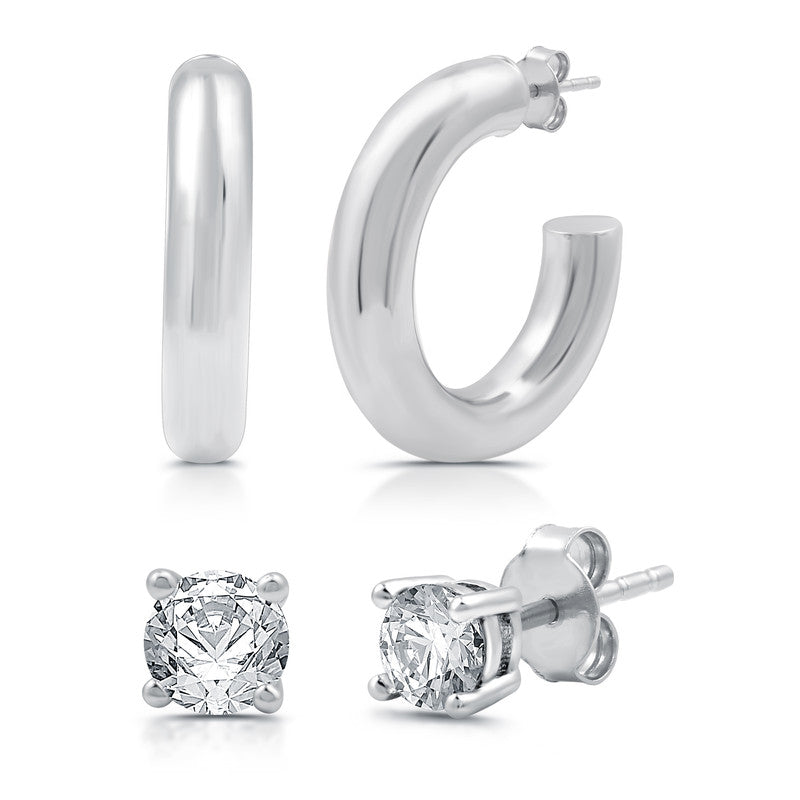 1/10 Cttw Diamond & Studs Hoops - Set of Silver Earrings