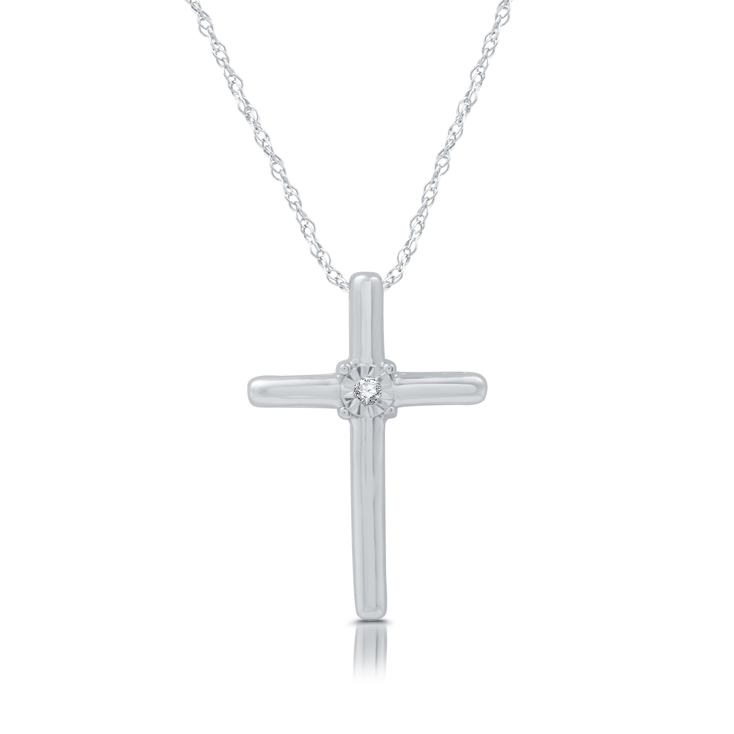 Sterling Silver Cross Pendant with Diamond Accent on 18" Chain