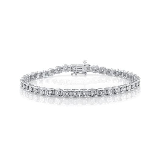 1 Cttw Diamond and Miracle Plate 925 Sterling Silver Tennis Bracelet