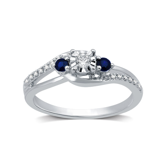 1/8 Cttw Diamond and Sapphire Ring Set in .925 Sterling Silver