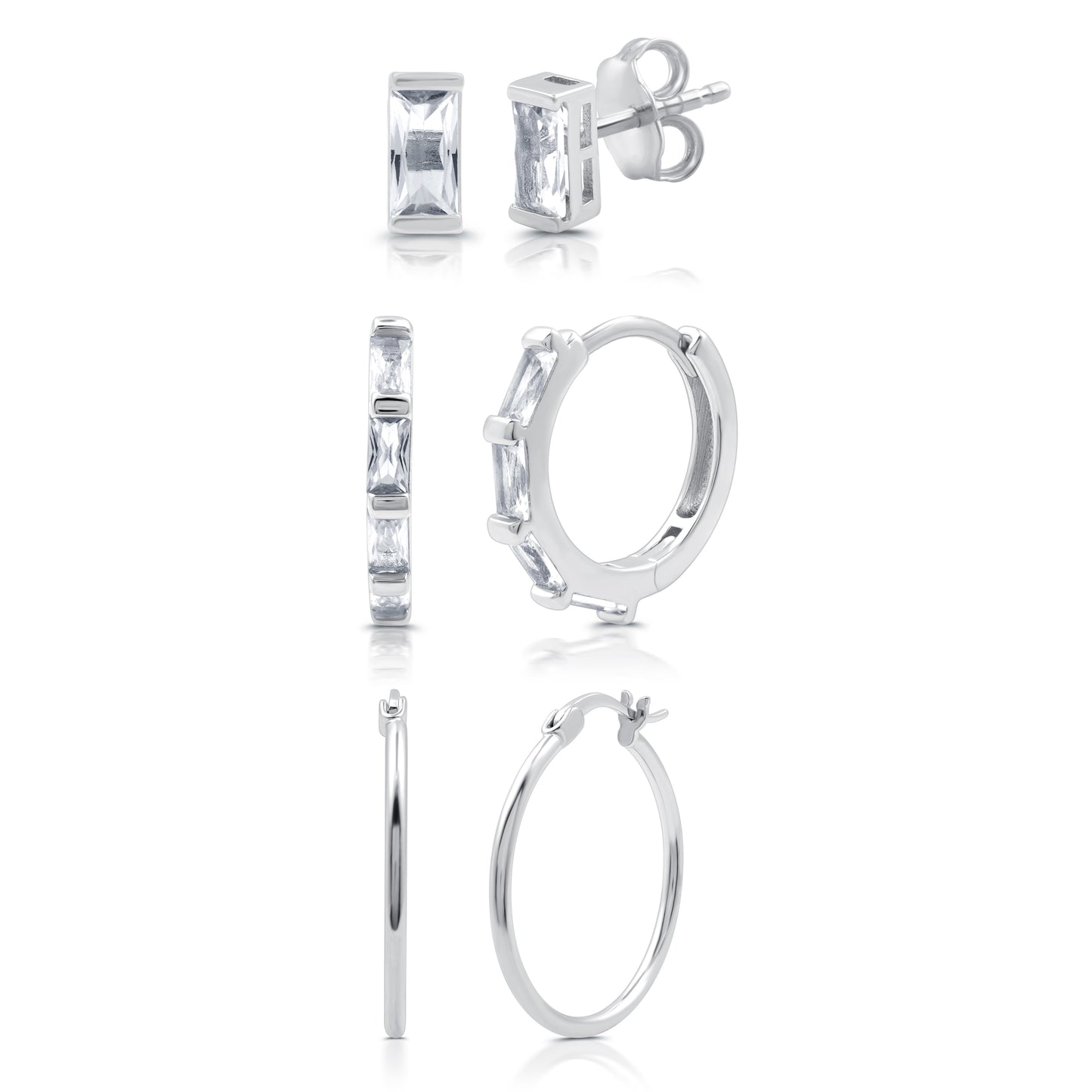 Set of 3 Created White Sapphire & .925 Sterling Silver Earrings (2 hoops, 1 studs)