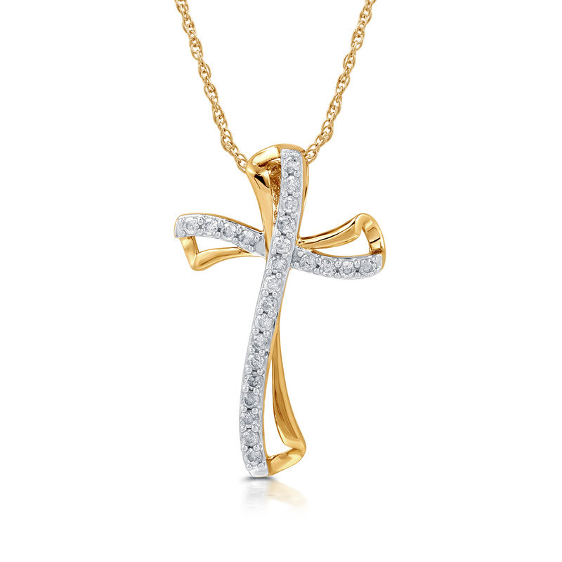 1/4 Cttw Lab-Grown Diamond Elegant Twist Cross 14Kt Gold plated Sterling Silver Pendant Prestige Collection