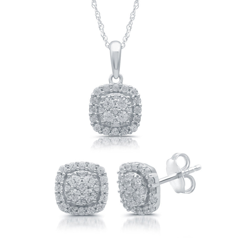 1 Cttw Lab-Grown Diamond Princess Style Pendant & Earring Sterling Silver Set Prestige Collection
