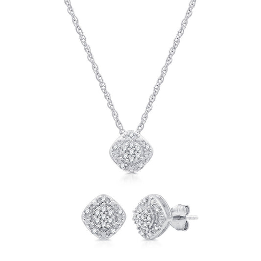 1/4 Cttw Lab-Grown Diamond Cushion Halo Pendant & Earring Set in Sterling Silver Prestige Collection