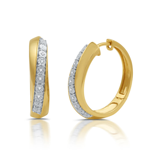 14K Gold Plated .925 Sterling Silver and 1/20 Cttw Diamond Hoop Earrings