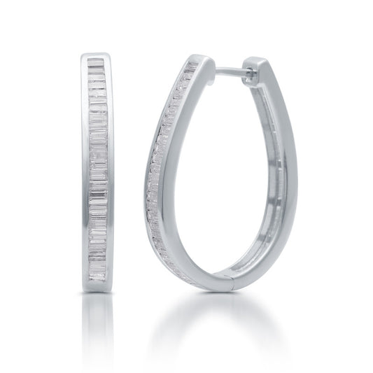 1 Cttw Diamond Baguette Hoop Silver Earrings