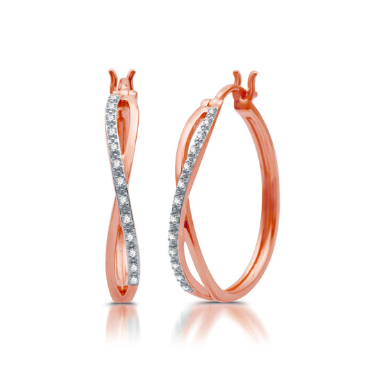 1/10 Cttw Diamond Crossover Hoop Earrings in 14K Rose Gold & .925 Sterling Silver