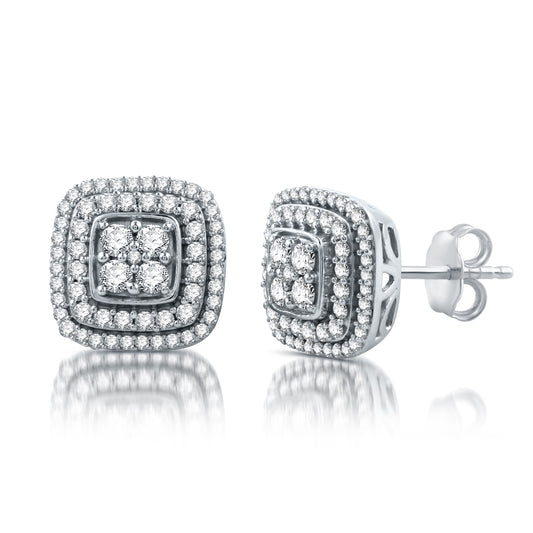 1 Cttw Diamond Square Shaped .925 Sterling Silver Stud Earrings