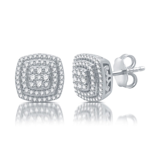 1/2 Cttw Diamond Stud Cushion Style Silver Earrings