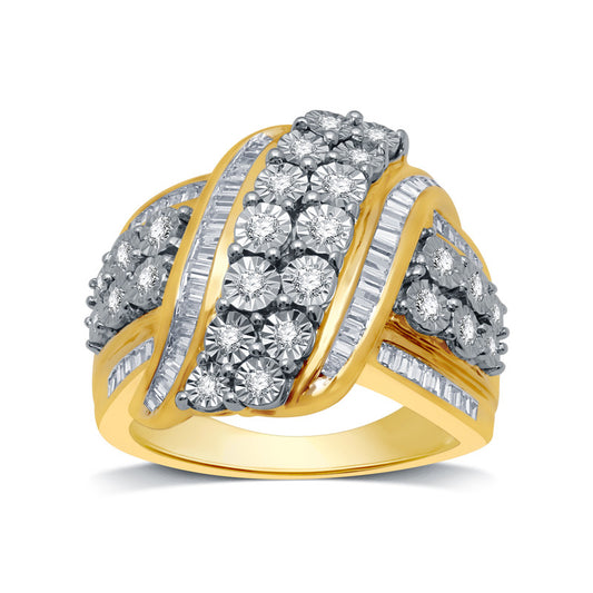 1 Cttw Diamond Statement Gold over Silver Ring-Sz 7