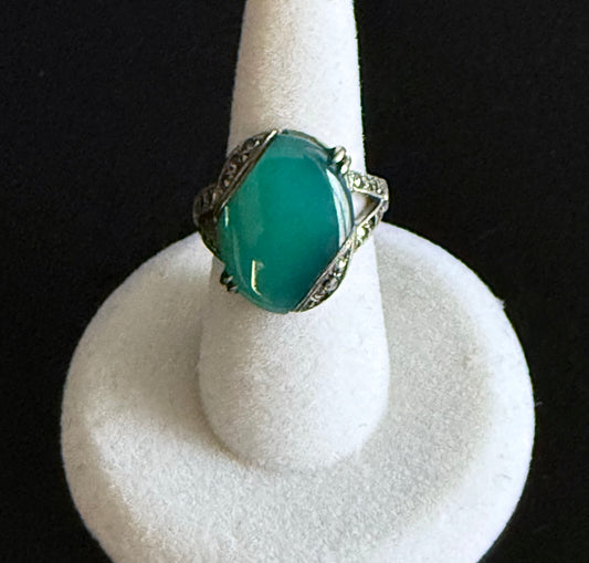 1920's Art Deco Wachenheimer Sterling Silver, Chrysoprase Gemstone and Marcasite Ring - signed