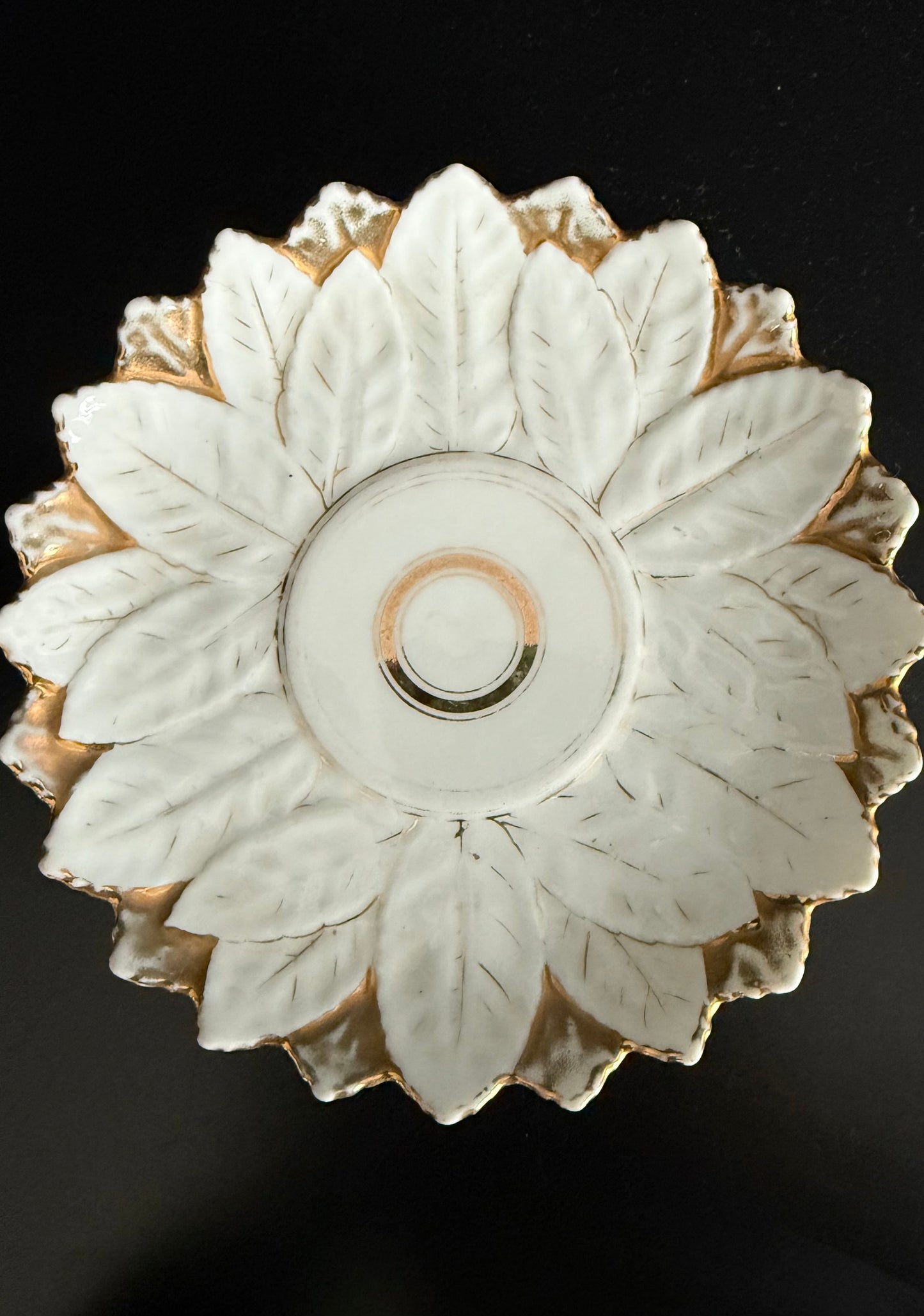 Antique White and Gold German Porcelain Tea Cup and Saucer