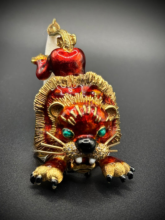 MARTINE 14K Gold, Diamond and Enamel Pouncing Lion Brooch/Pendant