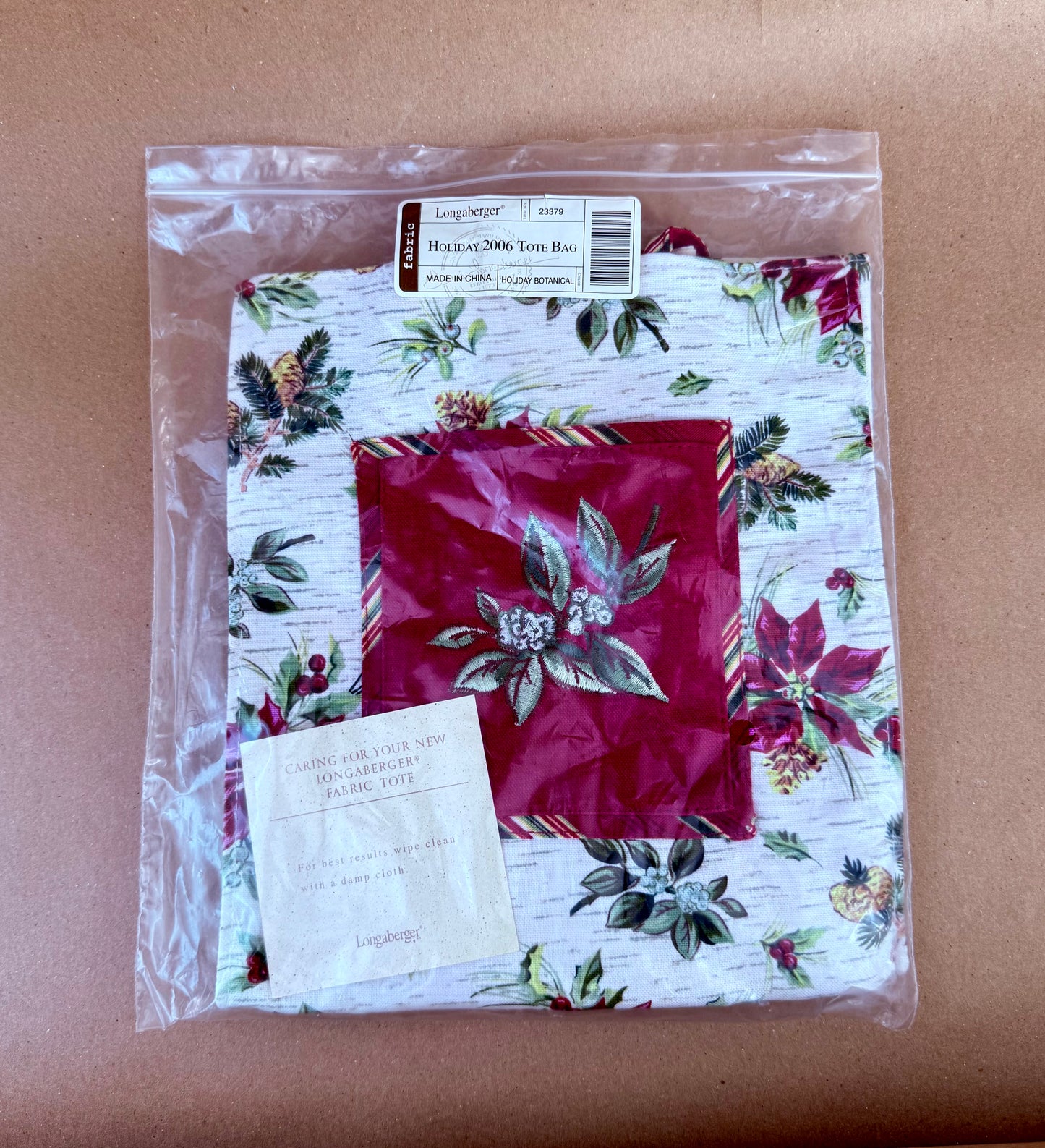 Longaberger 2006 Holiday Fabric Tote Bag in Holiday Botanical Pattern