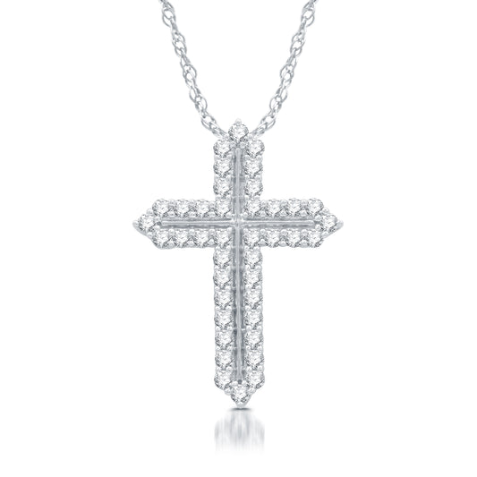1 Cttw Diamond Cross Double Row Pendant in .925 Sterling Silver on 18" Necklace