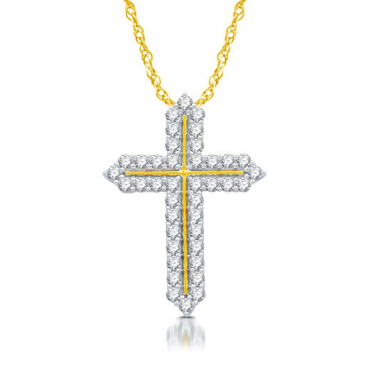 1 Cttw Diamond Double Row Cross Gold Over Silver Pendant
