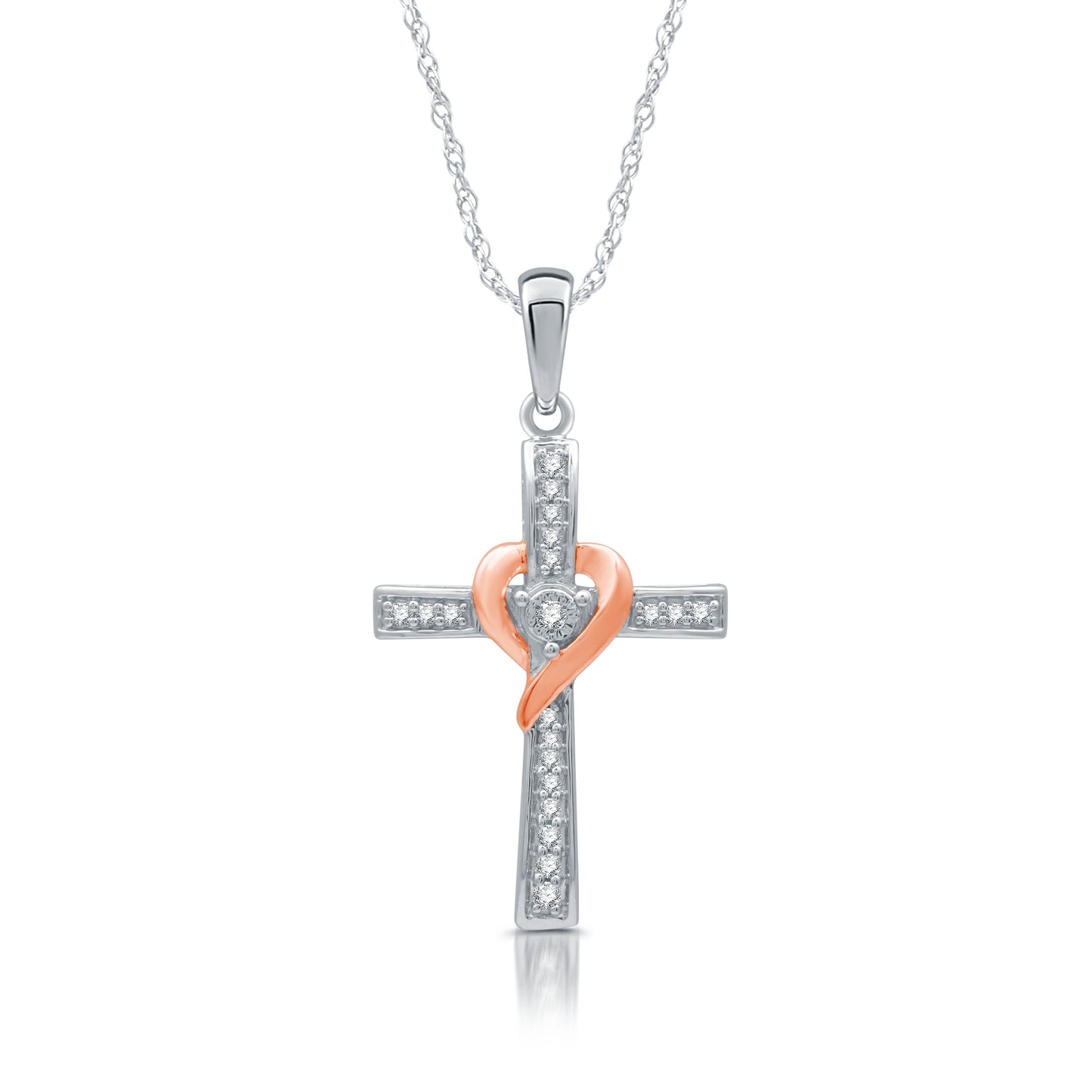 1/10 Cttw Diamond & 14K Rose Gold Plated .925 Silver Cross - 18" Chain Necklace