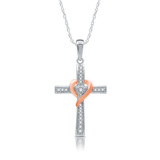 1/10 Cttw Diamond & 14K Rose Gold Plated .925 Silver Cross - 18" Chain Necklace