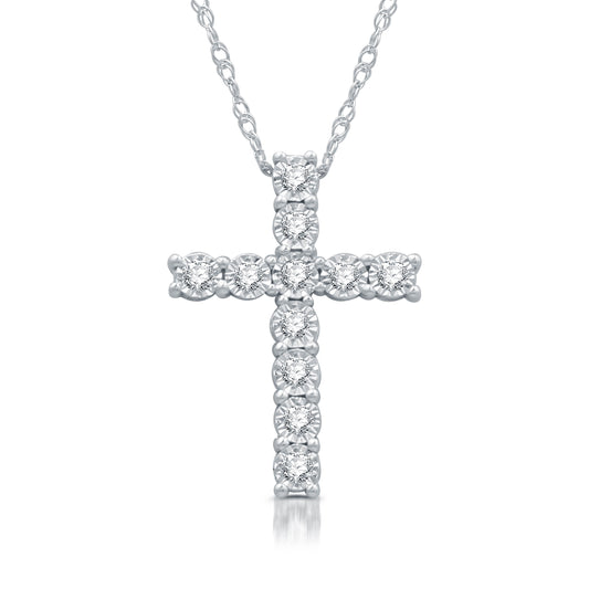 1/10 Cttw Diamond .925 Sterling Silver & Miracle Plate Cross Pendant-18" Chain Necklace