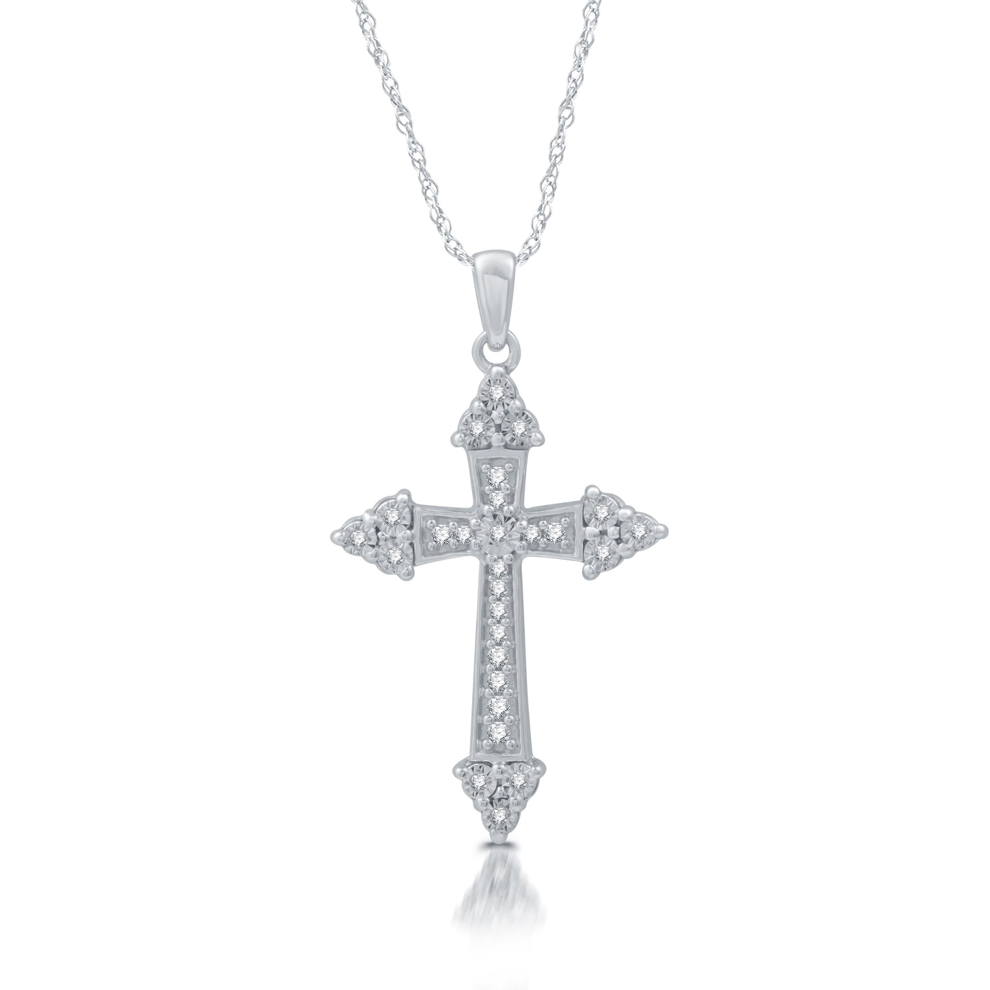 1/10 Cttw Diamond & .925 Sterling Silver Tri-Side Cross Pendant - 18" Necklace