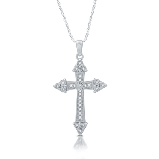 1/10 Cttw Diamond & .925 Sterling Silver Tri-Side Cross Pendant - 18" Necklace