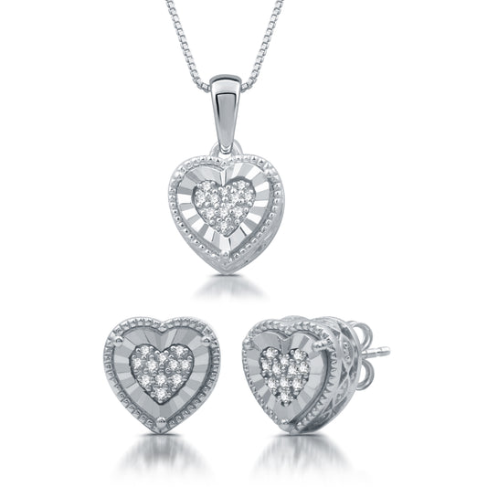 1/10 Cttw Diamond and .925 Sterling Silver Heart-Shaped Earring and Pendant Set