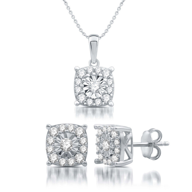 1 Cttw Diamond Pendant & Earrings Silver Set