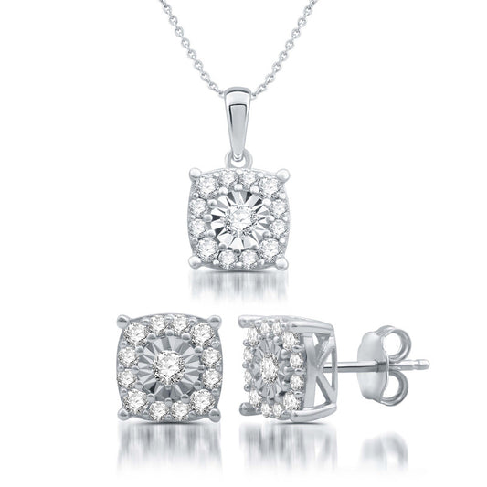 1 Cttw Diamond Pendant & Earrings Silver Set