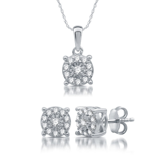 1/2 Cttw Diamond Pendant & Earrings Silver Set