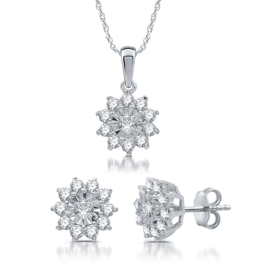 1 Cttw Diamond Flower-Shaped Pendant & Earrings Set in Silver