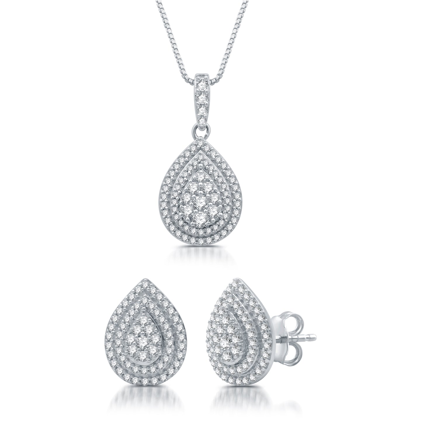 1 1/2 Cttw Diamond and 925 Sterling Silver Earrings & Pendant Set-Pear Shaped