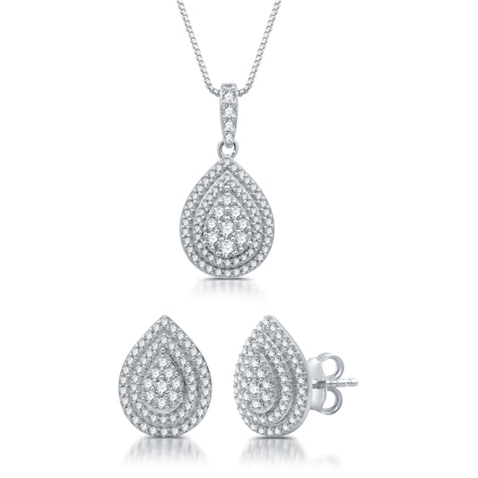 1 1/2 Cttw Diamond and 925 Sterling Silver Earrings & Pendant Set-Pear Shaped