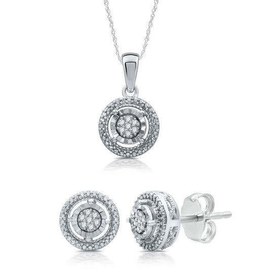 1/10 Cttw Diamond Circular Pendant & Earrings Set in Silver