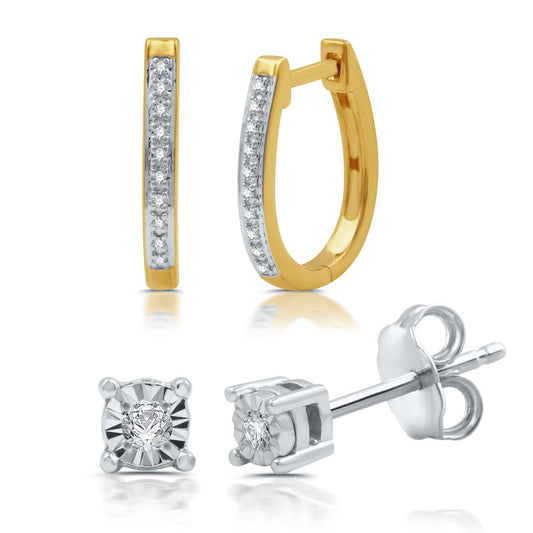 1/10 Cttw Diamond Set of 2 Earrings-Hoops & Studs